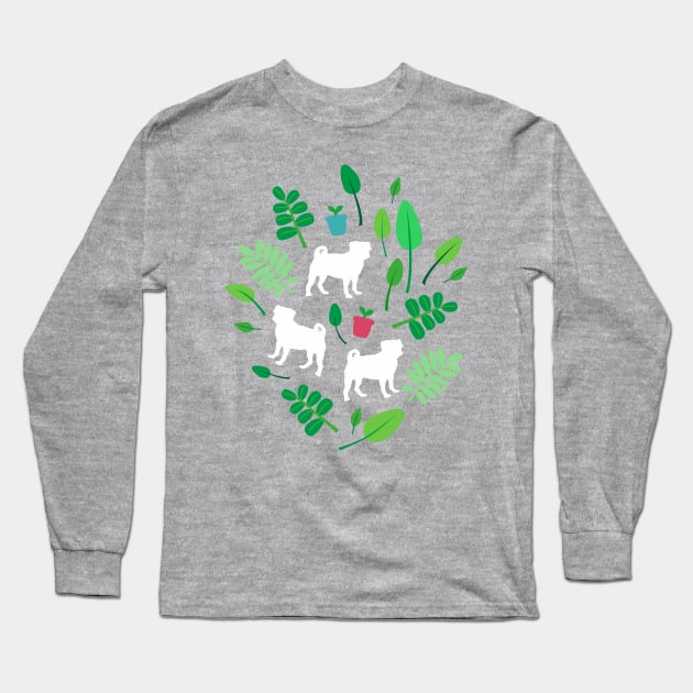 White Pugs with Leaves Long Sleeve T-Shirt by XOOXOO